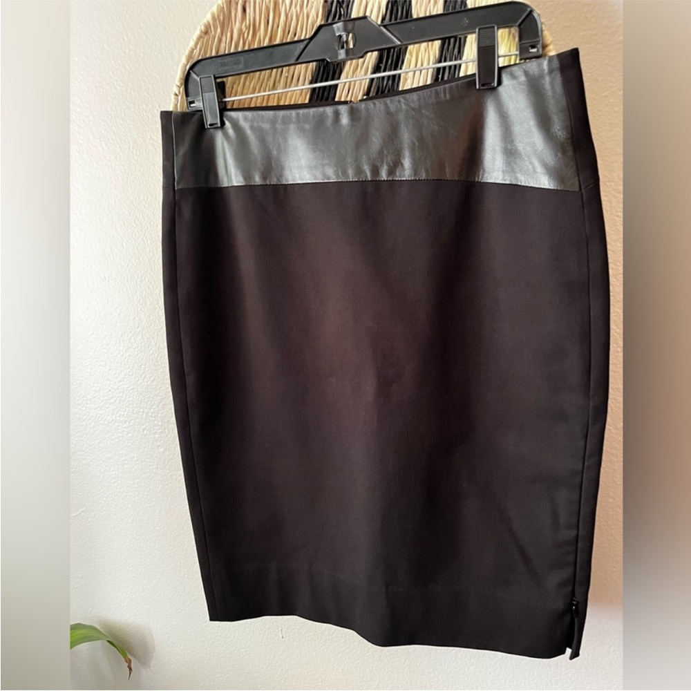 Ecru Cotton Blend Black Faux Leather Trim Pencil Skirt Adjustable Side Slit